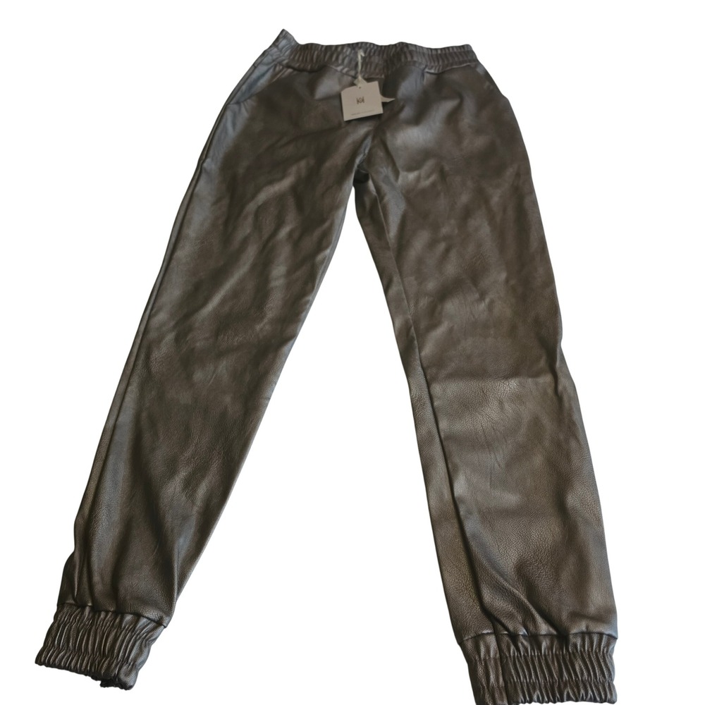 Milio-Milano Women Metallic Pewter Faux Leather Joggers Pants Size Small NWT